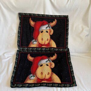 Set Of 2 Christmas Moose Placemats With Santa Hat & Holly Design